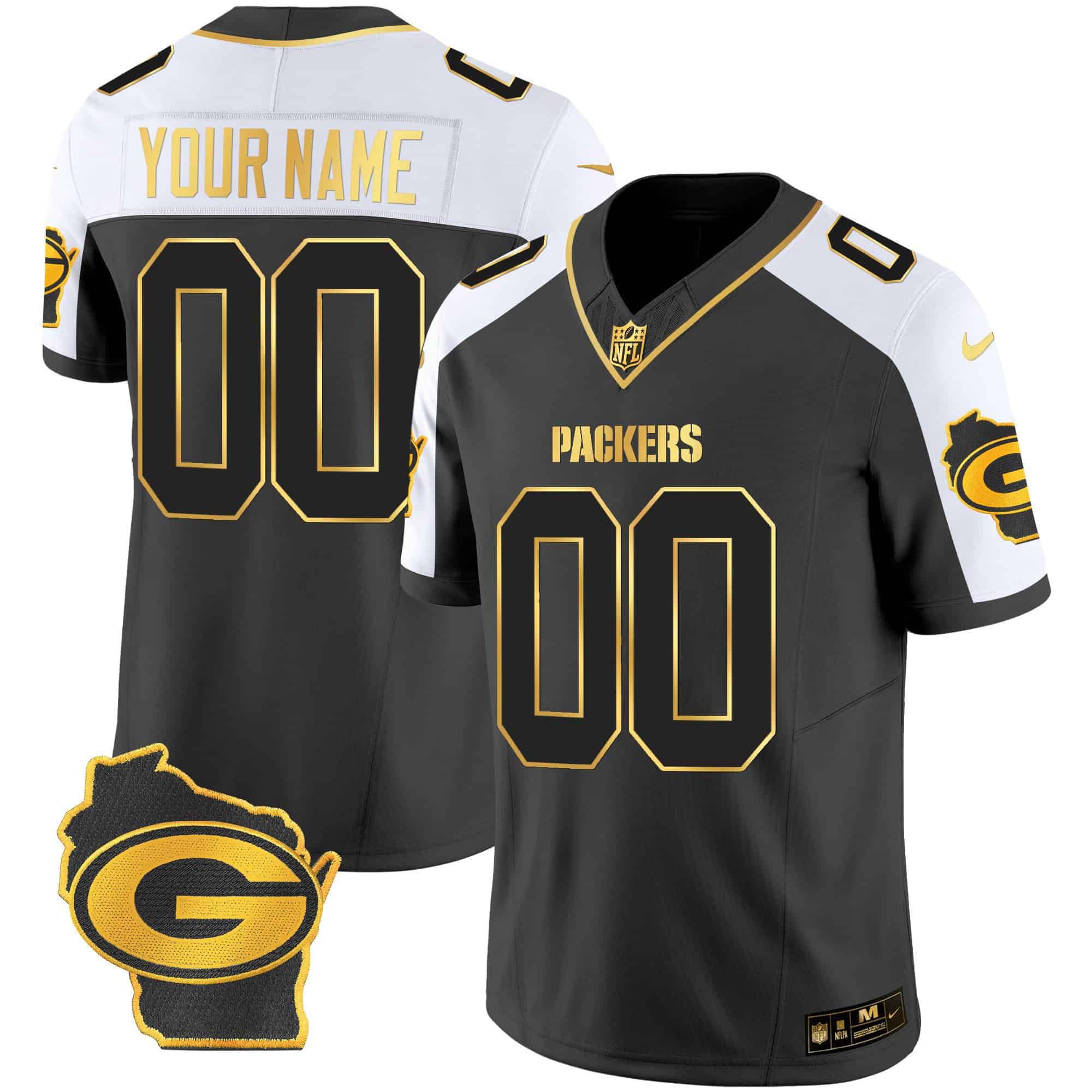 Men Green Bay Packers Black Gold 2024 Nike Home Patch Vapor Custom NFL Jersey